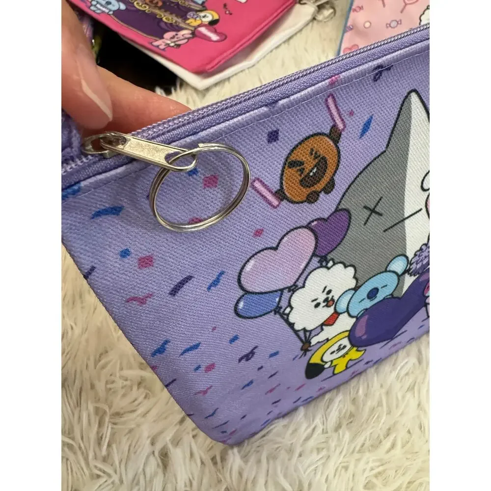 Purple BT21 pencil/make up pouch cartoon characters and hearts K-pop keychain